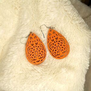 Rust orange earrings tear drop wood carved boho earrings ethnic design